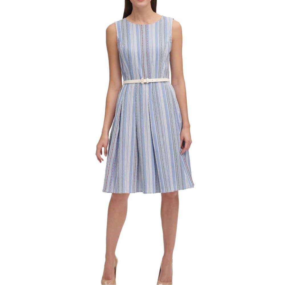 Tommy Hilfiger Blue and White A-Line Pleated Midi Dress